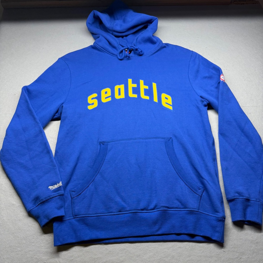 Mitchell & Ness Seattle Pilots Hoodie Mens L Blue Yellow MLB Sweatshirt Retro